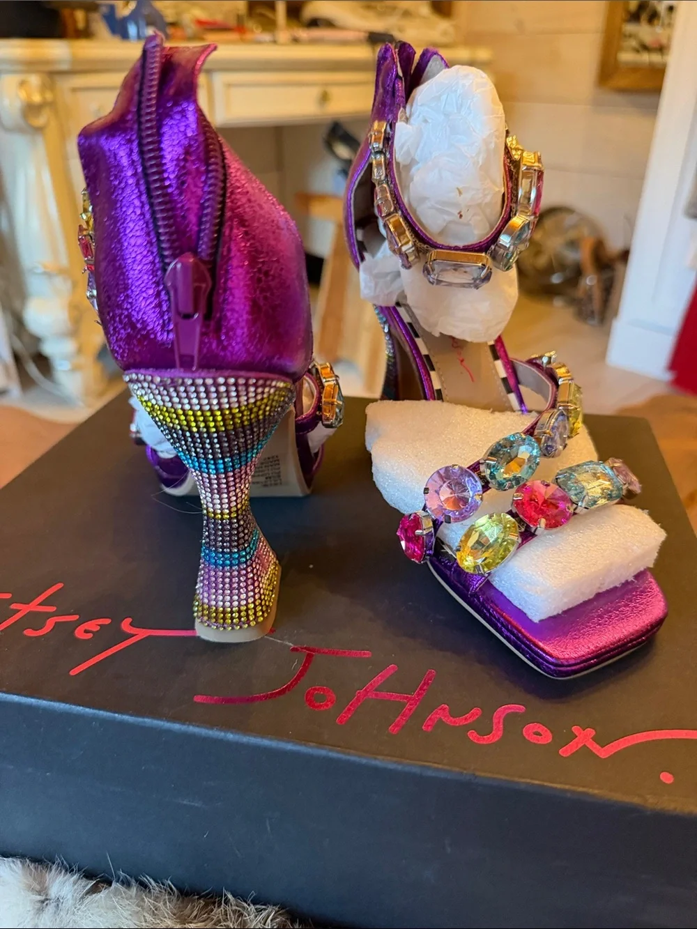 Betsey Johnson Metallic Fuchsia Gem-Embellished Block Heel Sandals